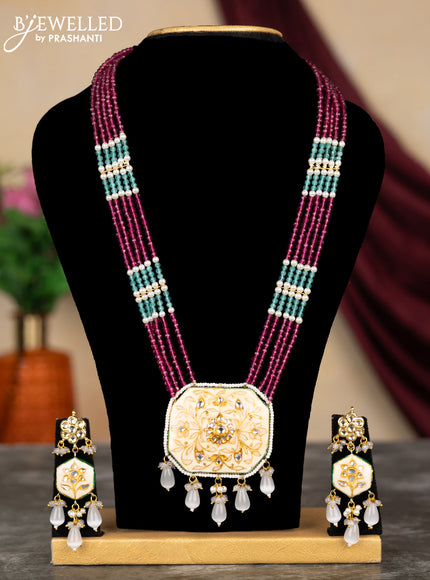 Jaipur crystal beaded magenta pink mid length necklace with minakari pendant and grey beads hangings