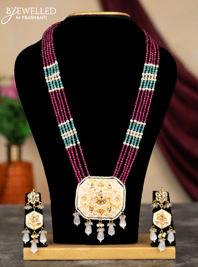 Jaipur crystal beaded magenta pink mid length necklace with minakari pendant and grey beads hangings