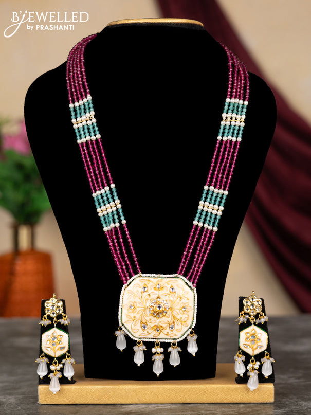 Jaipur crystal beaded magenta pink mid length necklace with minakari pendant and grey beads hangings