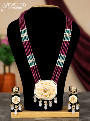 Jaipur crystal beaded magenta pink mid length necklace with minakari pendant and grey beads hangings