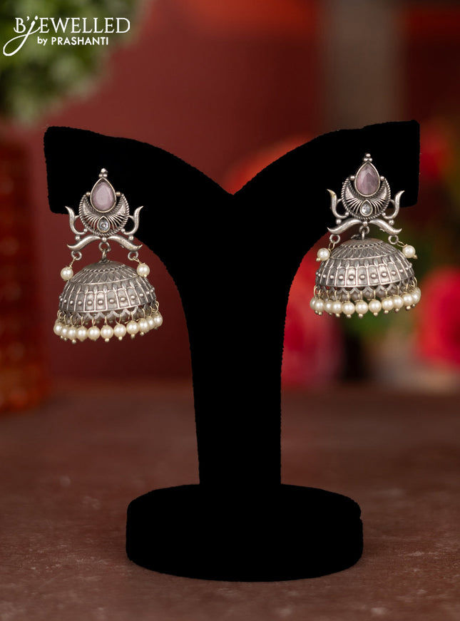 Oxidised jhumkas with baby pink stones and pearl hangings