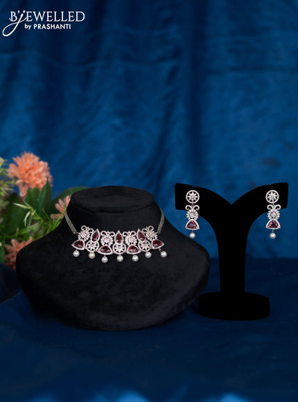Zircon choker with ruby & cz stones and pearl hangings
