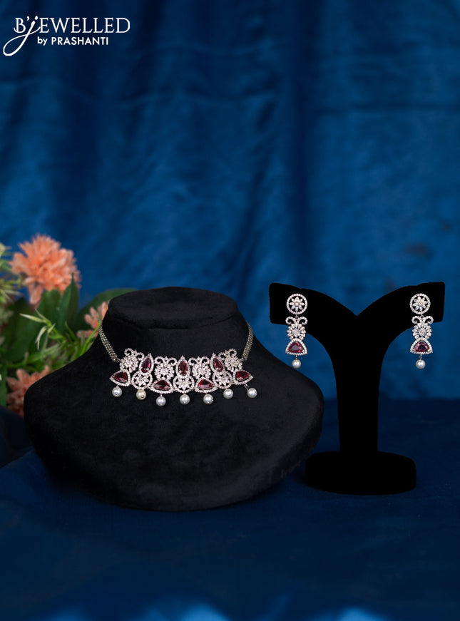 Zircon choker with ruby & cz stones and pearl hangings