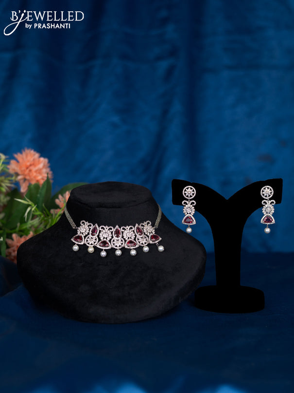 Zircon choker with ruby & cz stones and pearl hangings