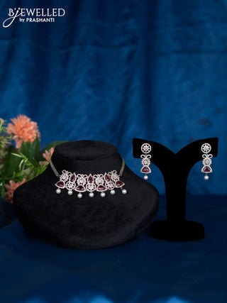 Zircon choker with ruby & cz stones and pearl hangings