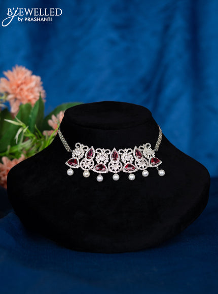 Zircon choker with ruby & cz stones and pearl hangings