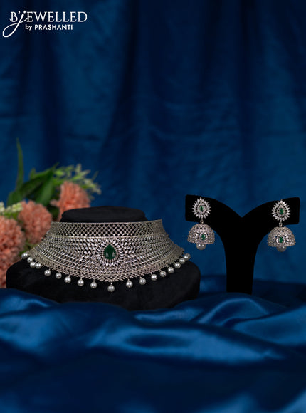 Zircon choker with emerald & cz stones and pearl hangings