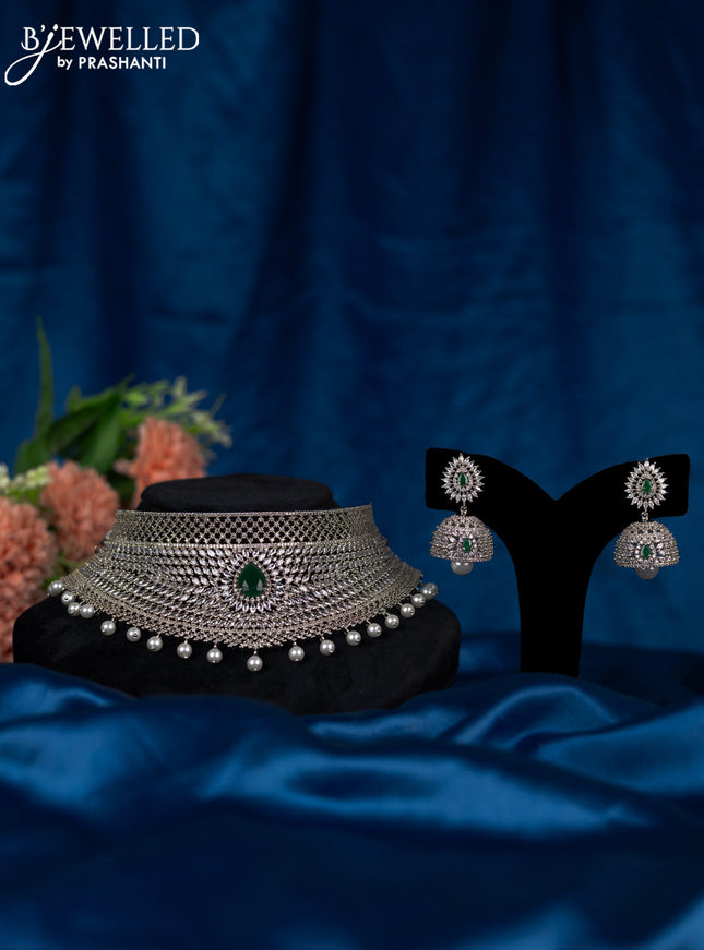 Zircon choker with emerald & cz stones and pearl hangings