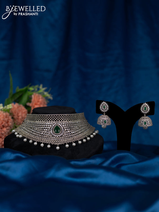 Zircon choker with emerald & cz stones and pearl hangings