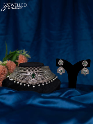 Zircon choker with emerald & cz stones and pearl hangings