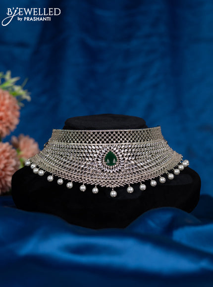 Zircon choker with emerald & cz stones and pearl hangings