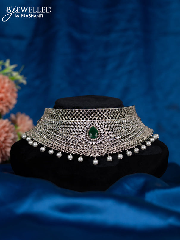 Zircon choker with emerald & cz stones and pearl hangings