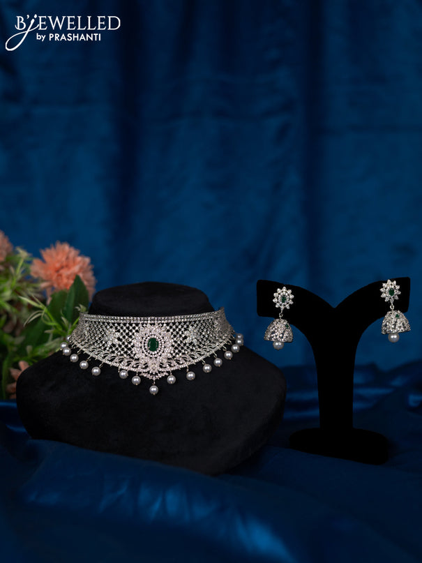 Zircon choker with emerald & cz stones and pearl hangings