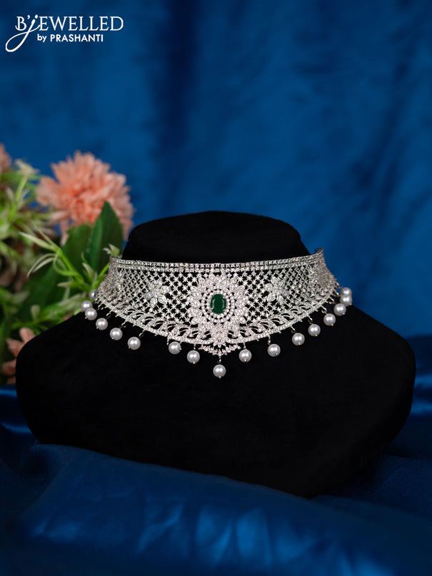 Zircon choker with emerald & cz stones and pearl hangings