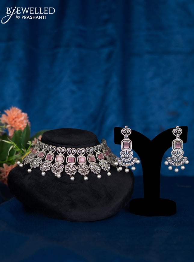 Zircon choker with baby pink & cz stones and pearl hangings