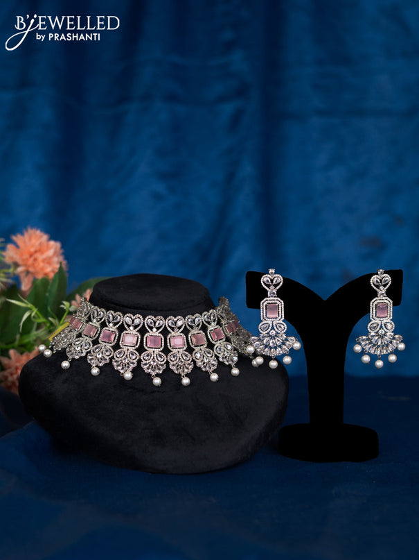 Zircon choker with baby pink & cz stones and pearl hangings