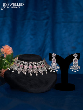 Zircon choker with baby pink & cz stones and pearl hangings