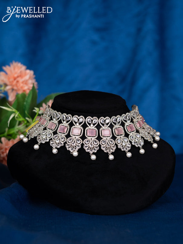 Zircon choker with baby pink & cz stones and pearl hangings