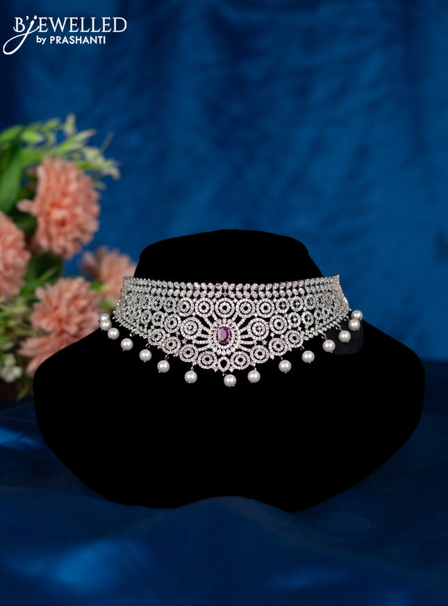 Zircon choker with ruby & cz stones and pearl hangings