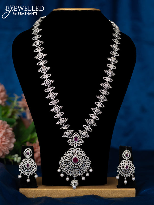 Zircon haram with ruby & cz stones and pearl hangings