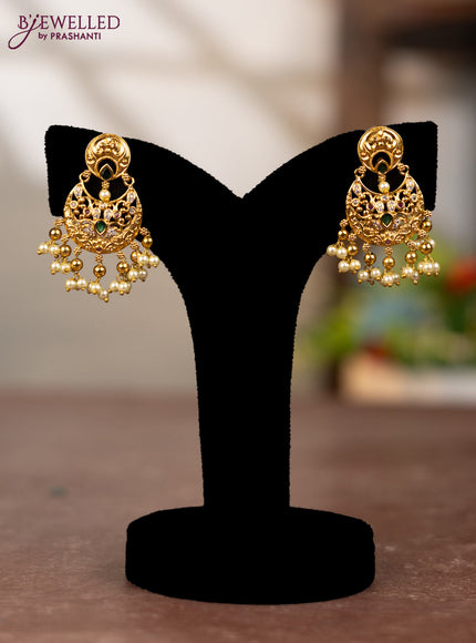Antique earring with emerald & cz stone and pearl hangings