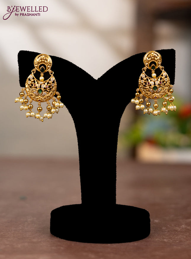 Antique earring with emerald & cz stone and pearl hangings