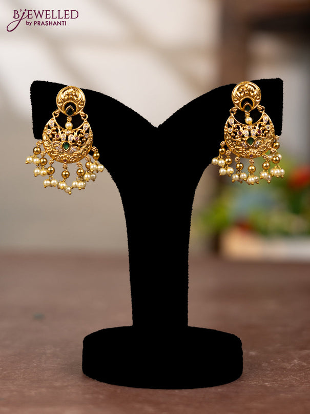 Antique earring with emerald & cz stone and pearl hangings