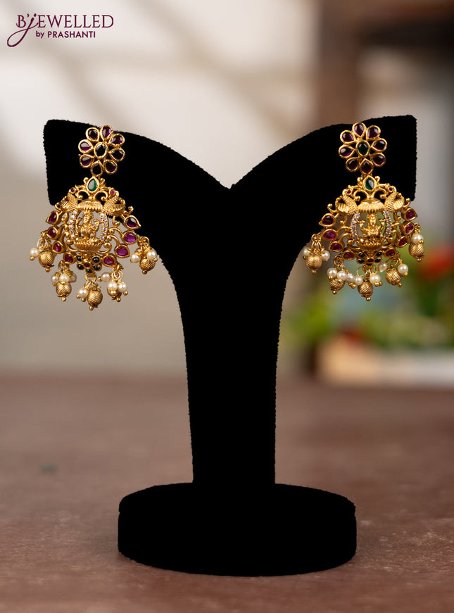 Antique earring lakshmi design with kemp & cz stone and pearl hangings