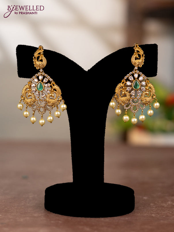 Antique earring peacock design with emerald & cz stone and pearl hangings