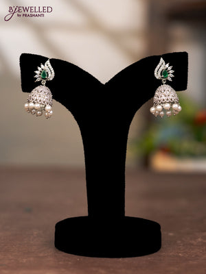 Zircon jhumka with emerald & cz stone and pearl hangings