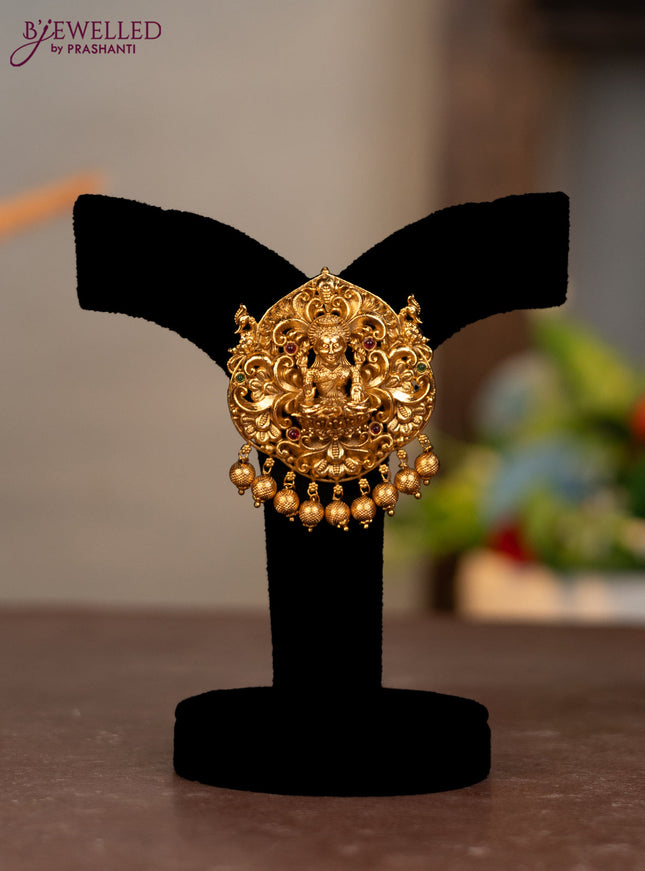 Antique pendant lakshmi design with kemp stone and golden beads hangings
