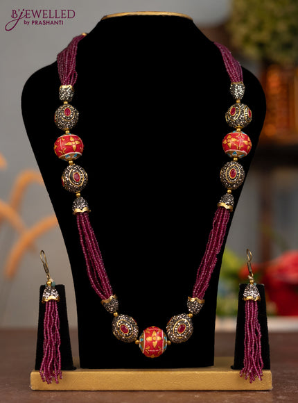 Jaipur crystal beaded magenta pink length necklace with minakari balls
