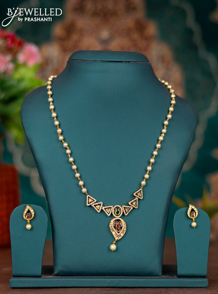 Pearl necklace manga pattern with kemp & cz stones and pearl hanging