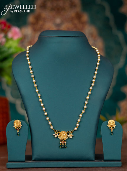 Pearl necklace lakshmi design with kemp & cz stones and green beads hangings