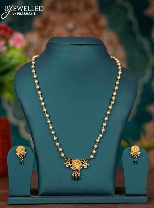 Pearl necklace lakshmi design with kemp & cz stones and green beads hangings