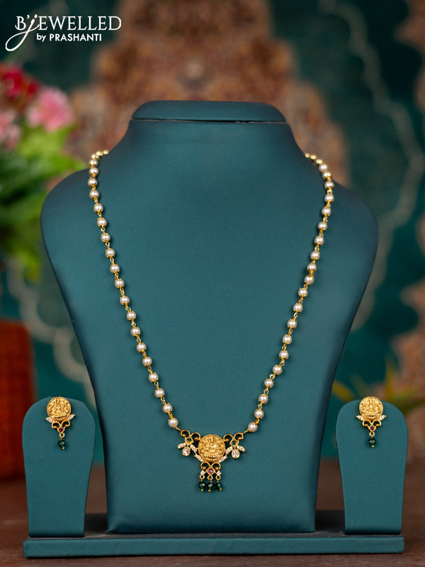 Pearl necklace lakshmi design with kemp & cz stones and green beads hangings