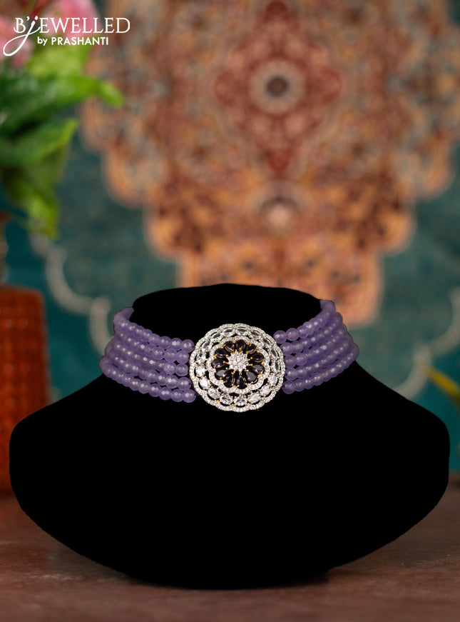 Beded lavender choker with violet and cz stones pendant in gold finish