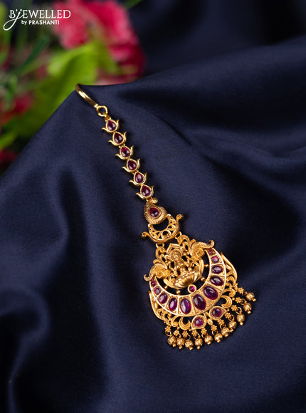 Antique maang tikka lakshmi design with ruby stones and golden beads hangings