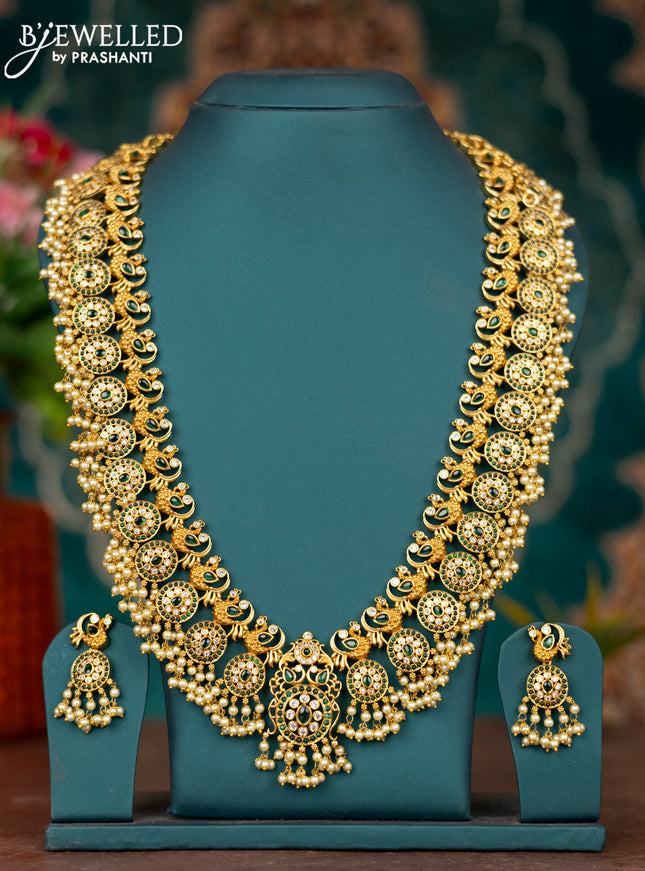 Antique guttapusalu haram peacock design with green kemp & cz stones and pearl hangings