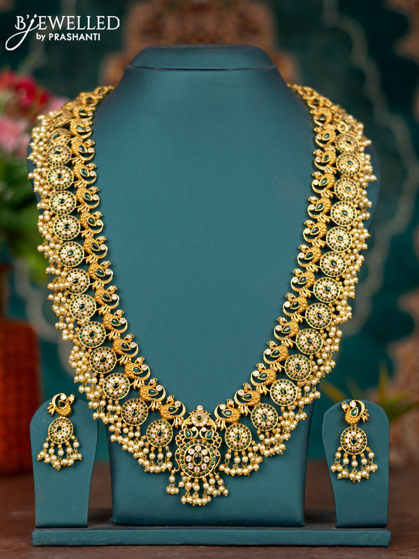 Antique guttapusalu haram peacock design with green kemp & cz stones and pearl hangings