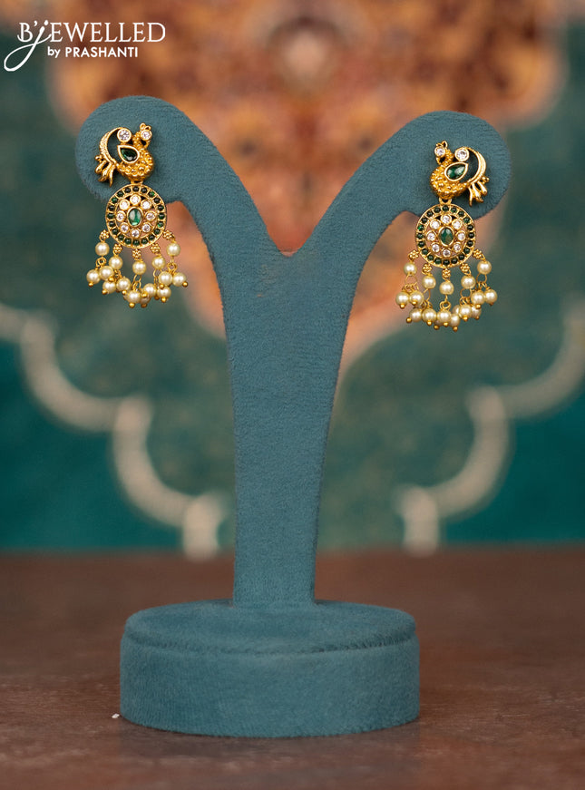 Antique guttapusalu haram peacock design with green kemp & cz stones and pearl hangings