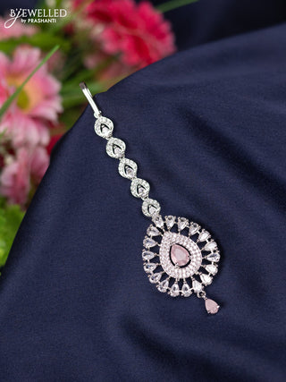Zircon maang tikka with baby pink and cz stones