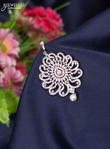Zircon maang tikka with baby pink & cz stones and pearl hanging