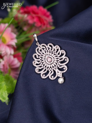 Zircon maang tikka with baby pink & cz stones and pearl hanging