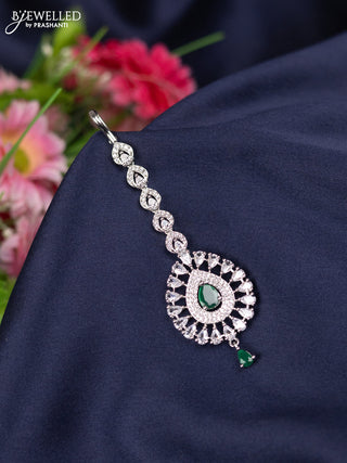 Zircon maang tikka with emerald & cz stones and hangings