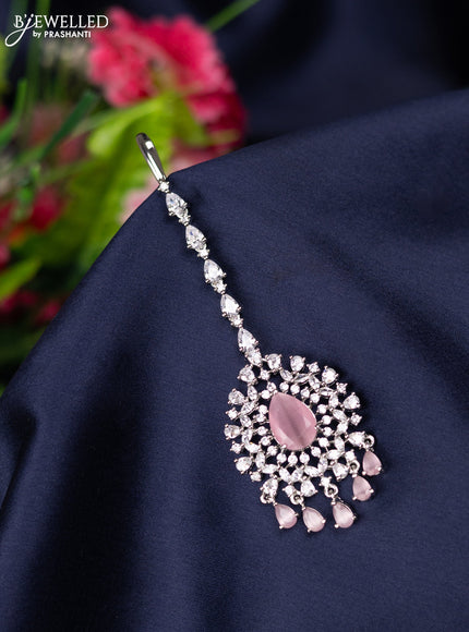 Zircon maang tikka with baby pink & cz stones and hangings