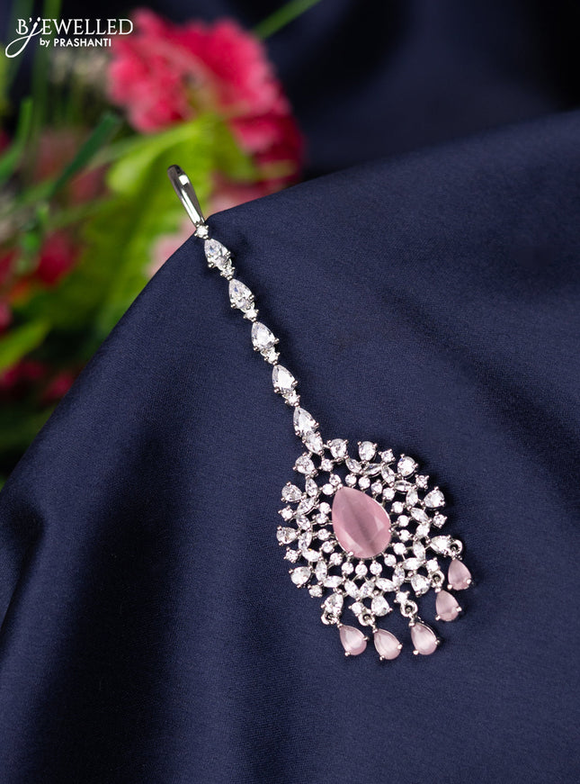 Zircon maang tikka with baby pink & cz stones and hangings