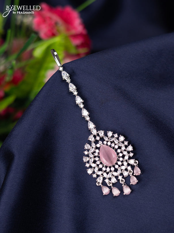 Zircon maang tikka with baby pink & cz stones and hangings