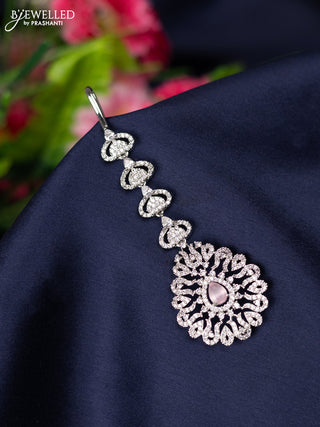 Zircon maang tikka with baby pink and cz stones