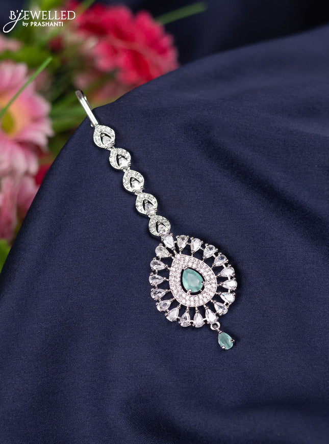 Zircon maang tikka with mint green & cz stones and hanging